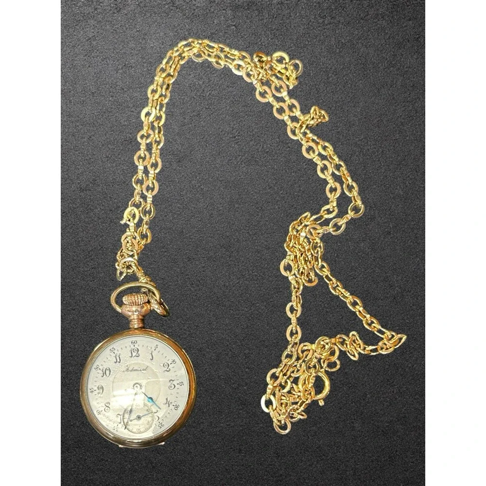 Vintage Admiral Swiss Pocket Watch Gold Tone w/ Chain Monogrammed Back